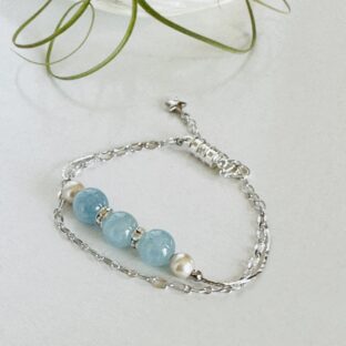 アクアマリン＆パールの2連ブレスレット