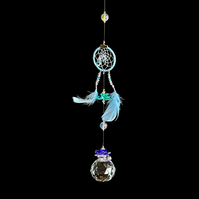 水色の羽付き　ドリームサンキャッチャー