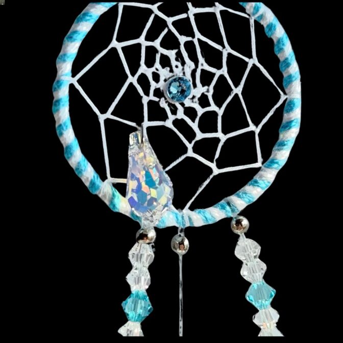 水色の羽付き　ドリームサンキャッチャー/ドリームキャッチャー部分拡大